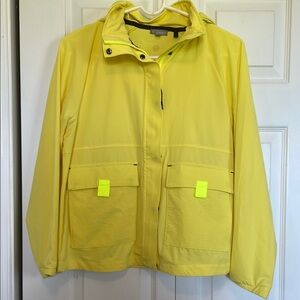Women’s SP T by Talbots zip up hooded jacket windbreaker Bright Yellow pockets